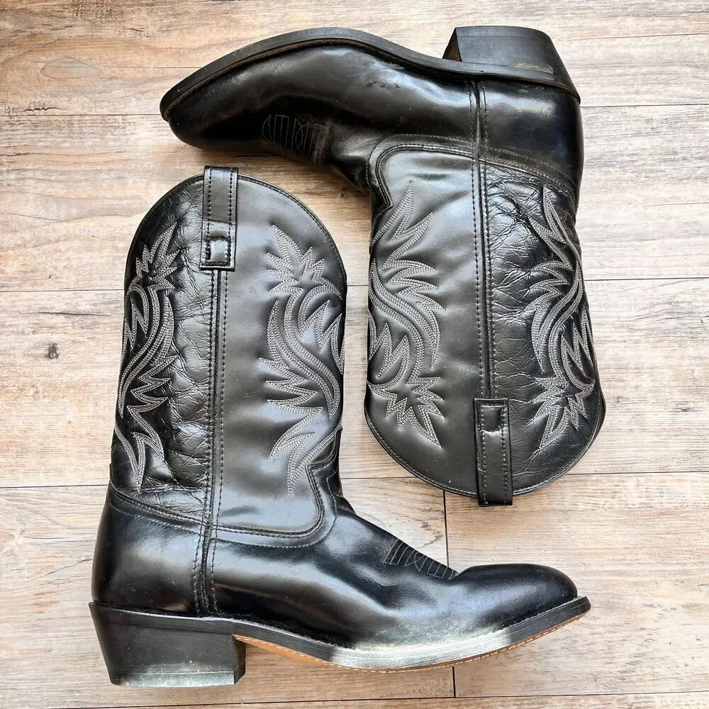 Laredo Cowboy Boots Mens 12D Black Leather Western Pull On Stitched Vintage